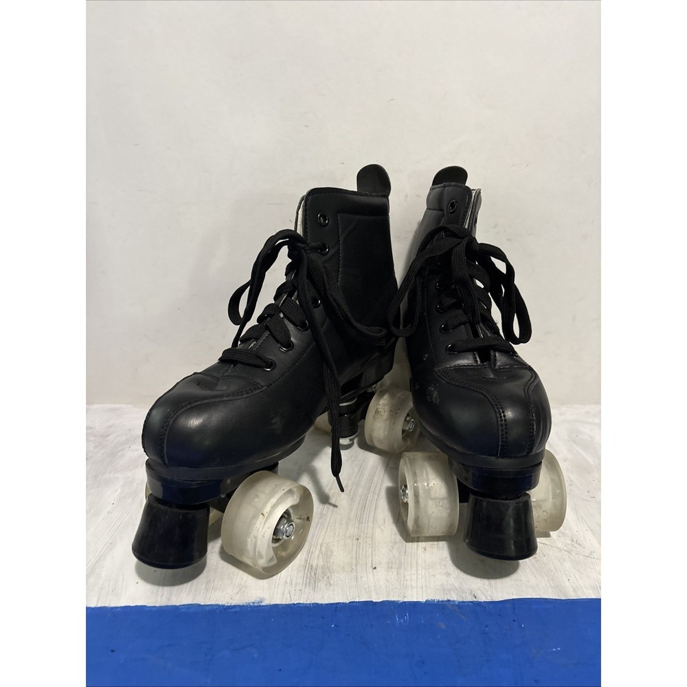 Unbranded Black Rollerskates Light Up Wheels Left Skate back Right Wheel Lifted